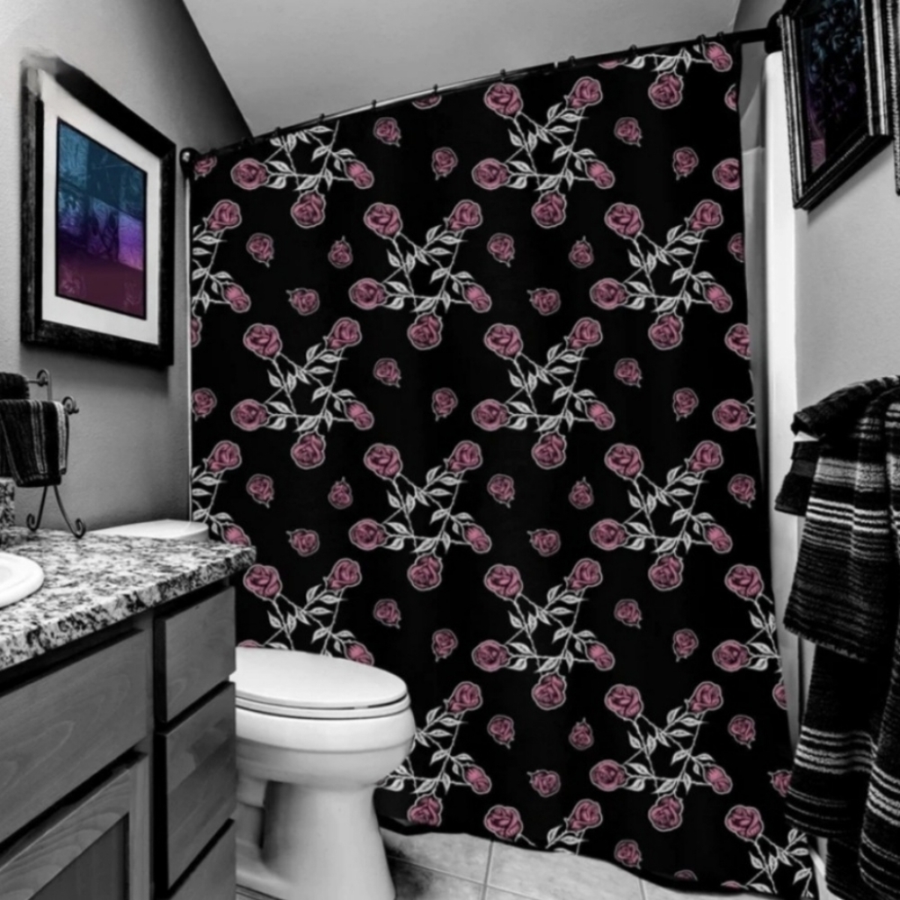 Too Fast Rosegram Pentagram Shower Curtain Pink Rose Goth Bathroom Decor NWT